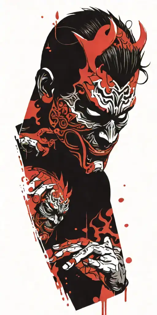 man wearing oni mask fighting off inner demons tattoo design idea