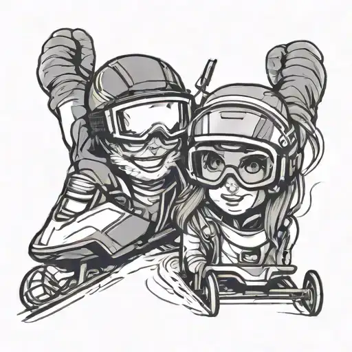 snowmobile goggles looking at dad and daughter holding hands tattoo design idea
