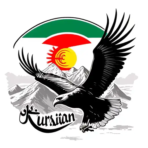 An eagle flying over the Zagros Mountains, with the sun from Kurdistan's flag, and the text "Kurdistan" written in calligraphy below out tattoo design idea