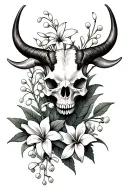 Taurus Skull with lily of the valley and hawthorn flower tattoo design idea