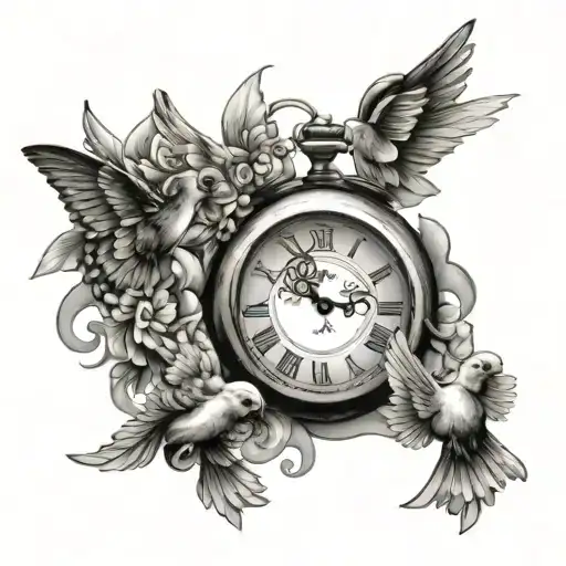 clock and doves with butterfly's  tattoo design idea