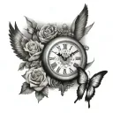 clock and doves with butterfly's  tattoo design idea