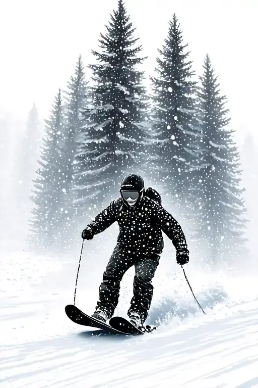 A snowboarder carving through a forest of pine trees with snow falling around them tattoo design idea