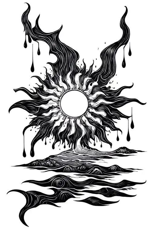 a sun melting into rain tattoo design idea