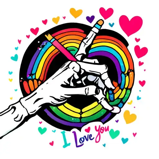skeleton hand signing I love you and 12 rainbow hearts tattoo design idea