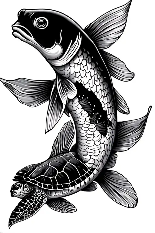 One Big Long Koi Fish swimming, and one Sea Turtle swimming beneath the Koi Fish. Tattoo style, no colour. Shadowing tattoo design idea