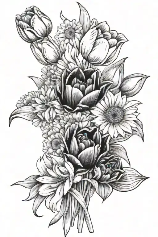 tulips and Gerber daisy bouquet wrapped tattoo design idea
