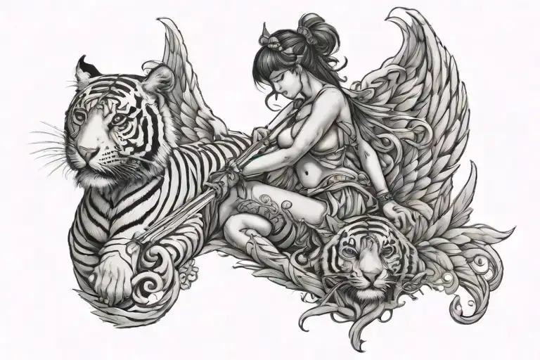 wings-sword-tiger-road-baby-woman body tattoo design idea
