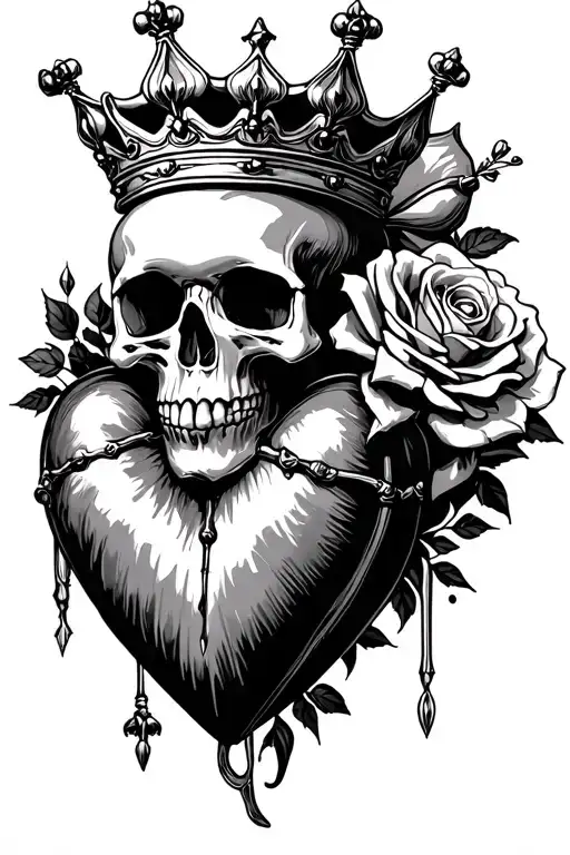 "Rose and thones" heart and skull wearing a crown tattoo design idea