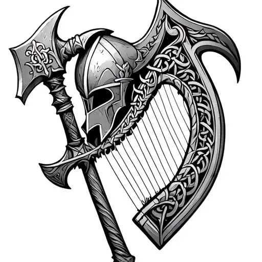 warrior helmet axe celtic irish harp war battle tattoo design idea