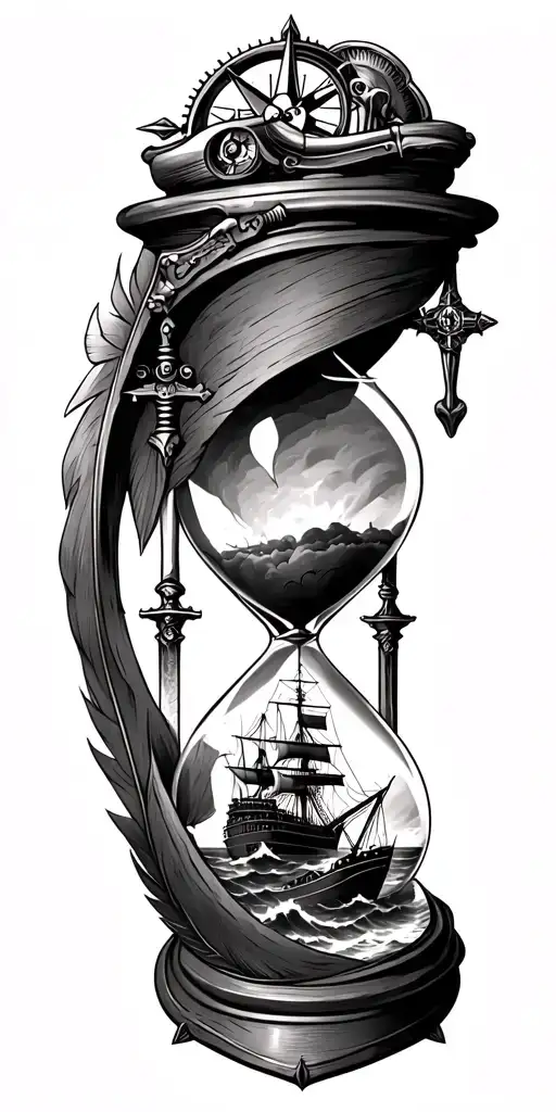 an hourglass with an old battleship on rough seas in the bottom half & a sword, pistol, quill & compass in the top half tattoo design idea