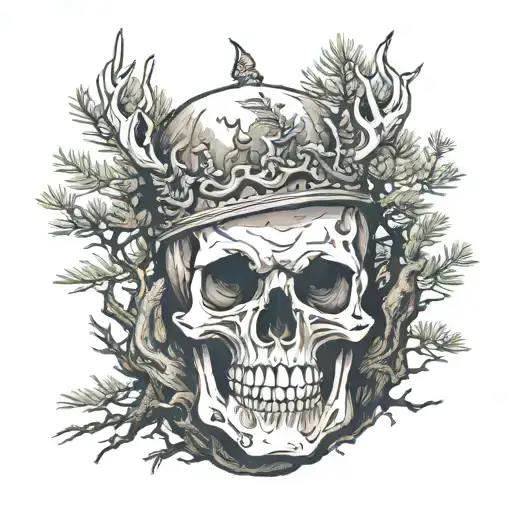 Skull Buried In Dirt In A Forest of pine trees with a crown made from deer  antlers tattoo design idea