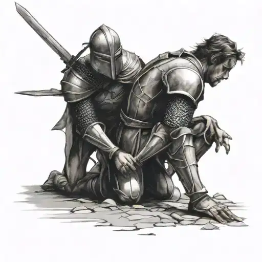 warrior knight with sword on his back kneeling giving a helping hand to a man on the ground tattoo design idea