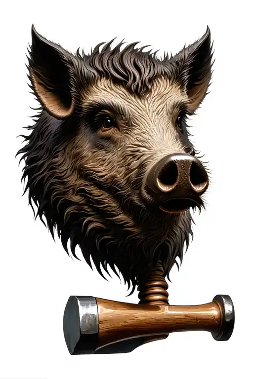 wild boar head on hammer tattoo design idea
