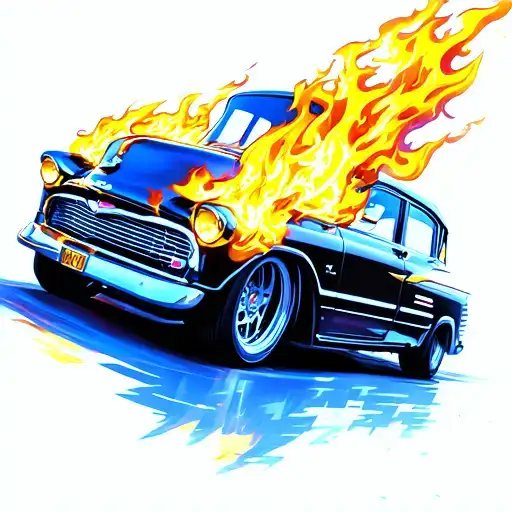 cars speeding, fire flames, tattoo design idea