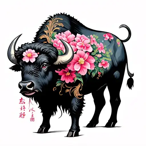 pink and fuchsia Asian buffalo with pink flowers growing roots tattoo design idea