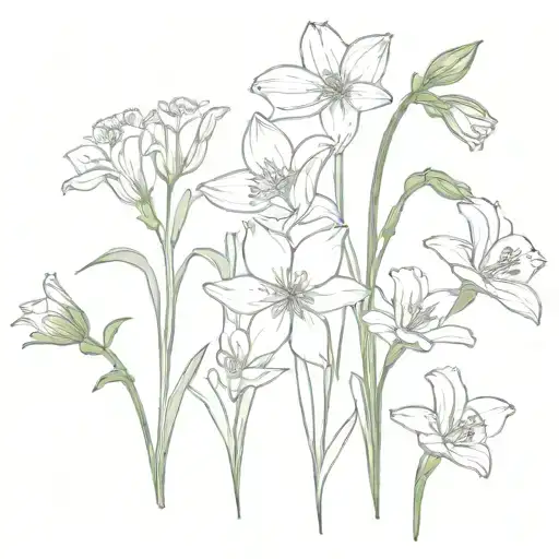 bouquet fine line with paperwhites, poppies, daises, wildflowers, daffodils, cosmos, and tulips with stem tattoo design idea