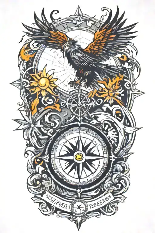 compass representing the course for life over time. Overlapping is a Phoenix rising up from the ashes tattoo design idea