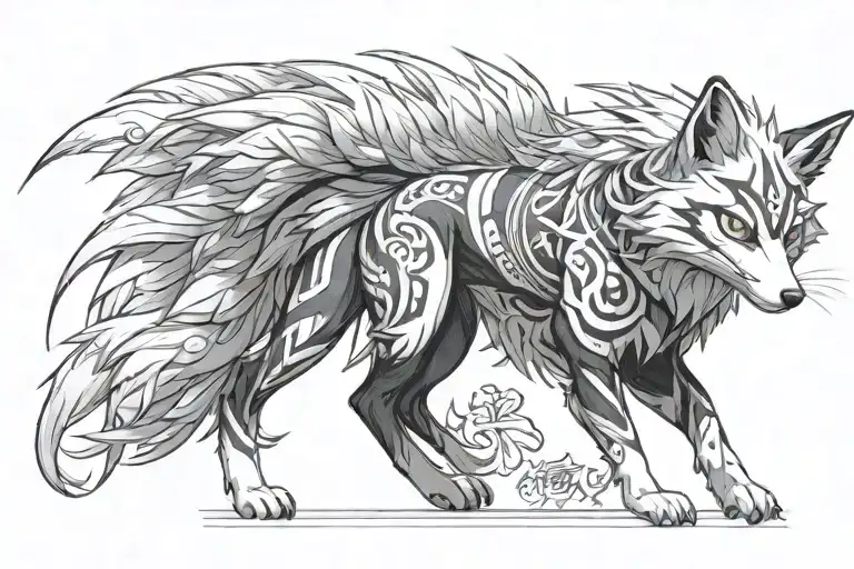 Create a Black and white tatoo sketch nine tail fox from anime Naruto, A kitsune with red-orange fur, human arms and nin tattoo design idea