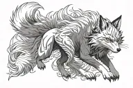 Create a Black and white tatoo sketch nine tail fox from anime Naruto, A kitsune with red-orange fur, human arms and nin tattoo design idea