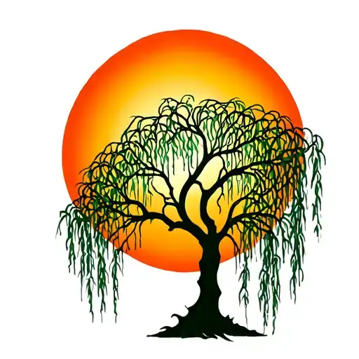 weeping willow tree with a sun behind it tattoo design idea