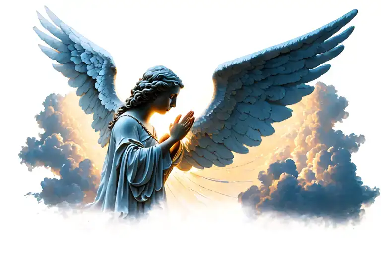 angel with one wing in profile, praying with flashes of light and clouds tattoo design idea