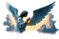 angel with one wing in profile, praying with flashes of light and clouds tattoo design idea