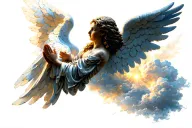 angel with one wing in profile, praying with flashes of light and clouds tattoo design idea
