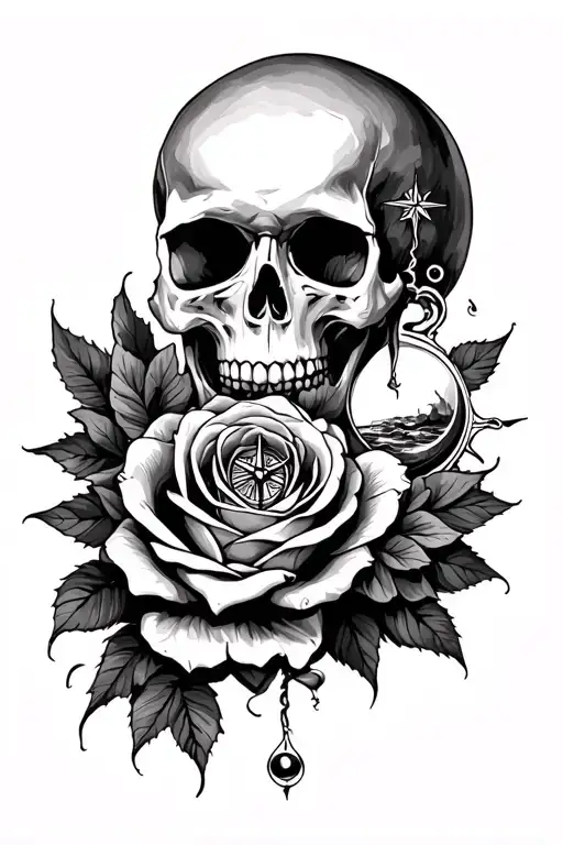 hand skull, rose, memento mori, hour glass with sand, compass, moon, sun  tattoo design idea
