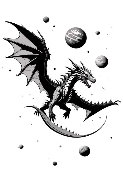 realistic dragon seen from above, flying upward with fully spread wings and planet system in the background tattoo design idea