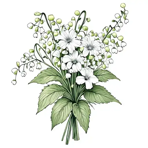 bouquet of lily of the valley, hawthorn, asters, and morning glory tattoo design idea
