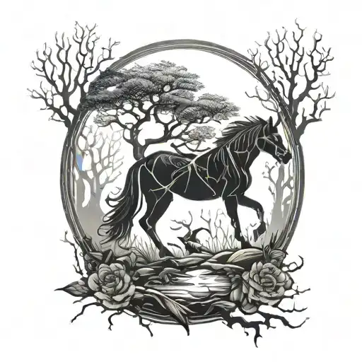 I want a blackwork, gothic and dark style tattoo. I want a dark forest with grey mist. The main figure is a tattoo design idea