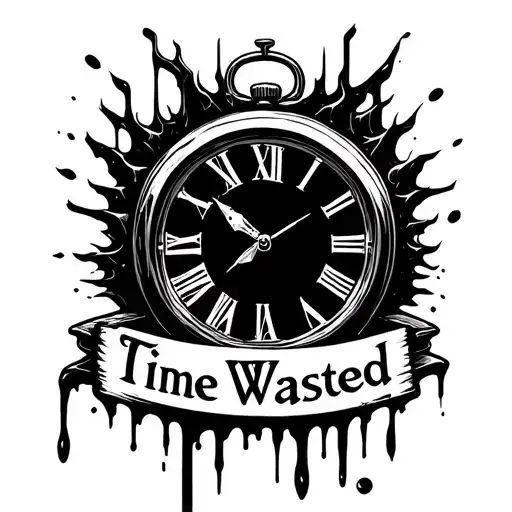 clock melting with prison bars , saying time wasted in a banner tattoo design idea