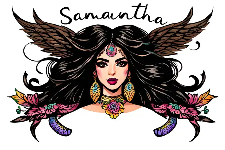 Chicano girl with the word Samantha above tattoo design idea
