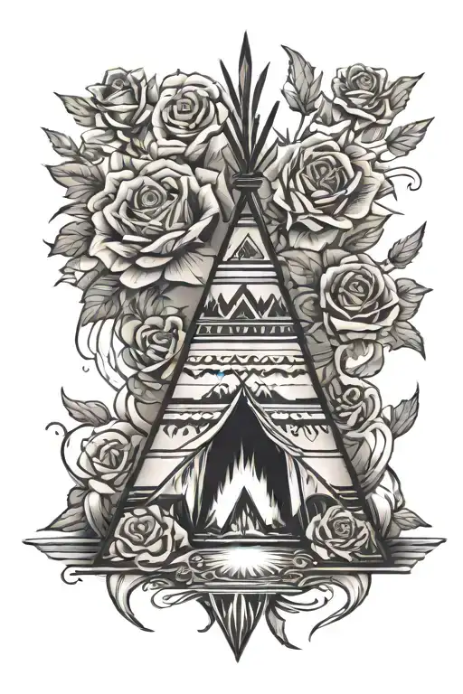 teepee, wild west, fire, rose tattoo design idea