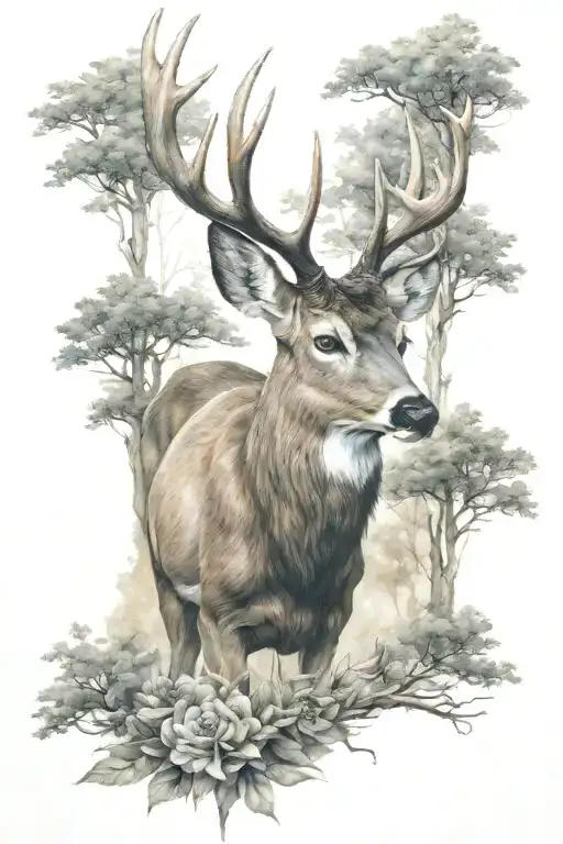 whitetail deer surrounded tattoo design idea