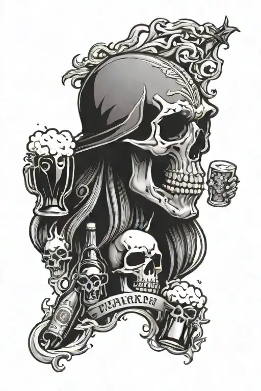 skull, fire, ocean scene, beer bottle, girls face, tanker tattoo design idea