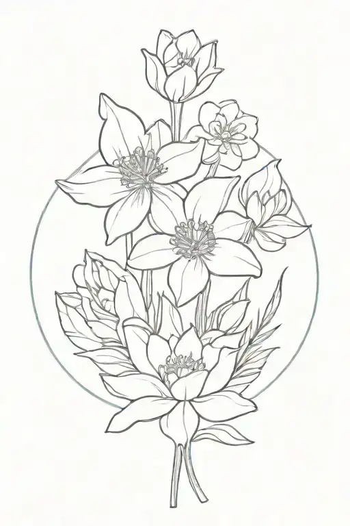 minimalist small bouquet with one of each flower. daffodil, water lily,violet,poppy,daisy, and rose tattoo design idea
