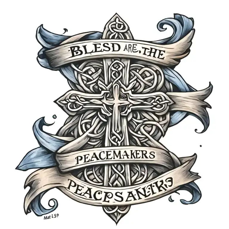 Celtic Cross with ""Blessed are the peacemakers" written on a blue banner draped on the cross.  Mat 5:9 written below tattoo design idea