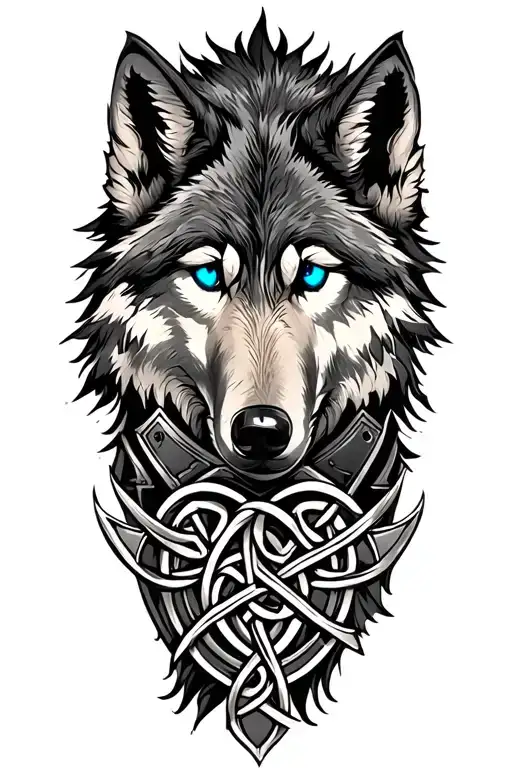 wolf with blue eyes on armor tattoo design featuring Celtic trinity knot  tattoo design idea