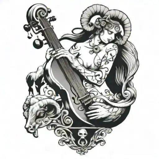 A surreal tattoo design of a woman with a human torso and the lower part of a ram body, named Blue, playing a musical instrument tattoo design idea