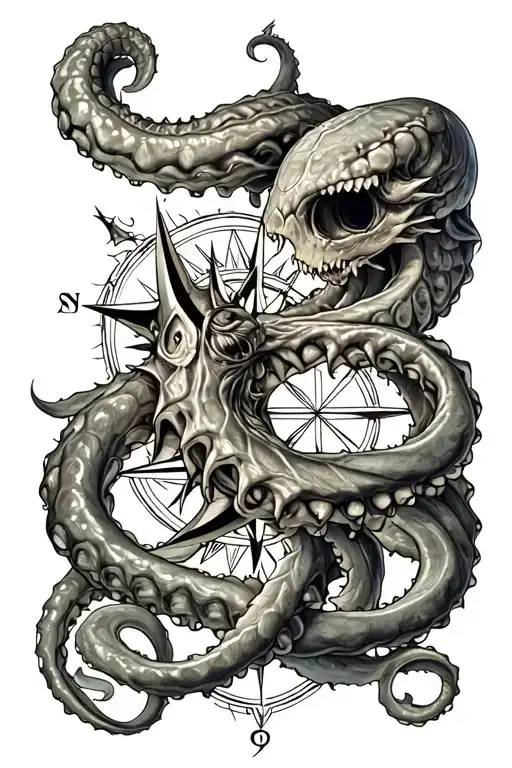 kraken and compass intertwined tattoo design idea