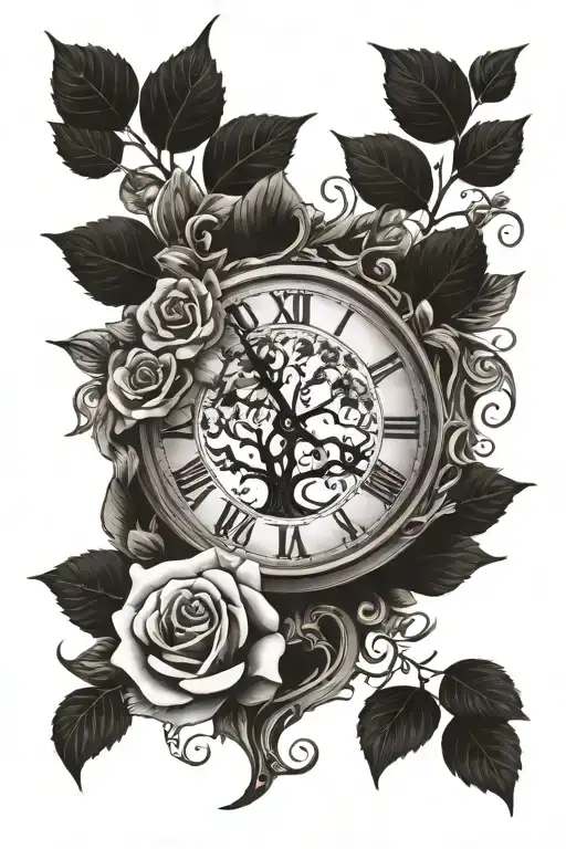 Tree of Life growing around a clock with roses growing tattoo design idea