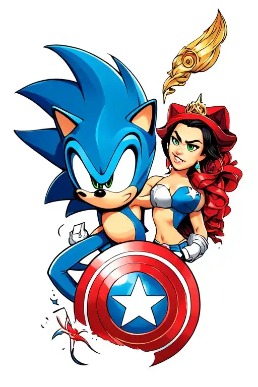 create a half sleave tattoo of marvel avengers, sonic the hedgehog, one piece and harley queen tattoo design idea
