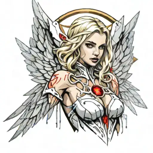 sexy blonde angel girl big bust golden halo pale skin white wings revealing white dress covered in blood evil pin-up tattoo design idea