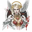 sexy blonde angel girl big bust golden halo pale skin white wings revealing white dress covered in blood evil pin-up tattoo design idea