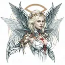 sexy blonde angel girl big bust golden halo pale skin white wings revealing white dress covered in blood evil pin-up tattoo design idea