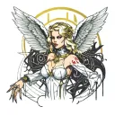 sexy blonde angel girl big bust golden halo pale skin white wings revealing white dress covered in blood evil pin-up tattoo design idea