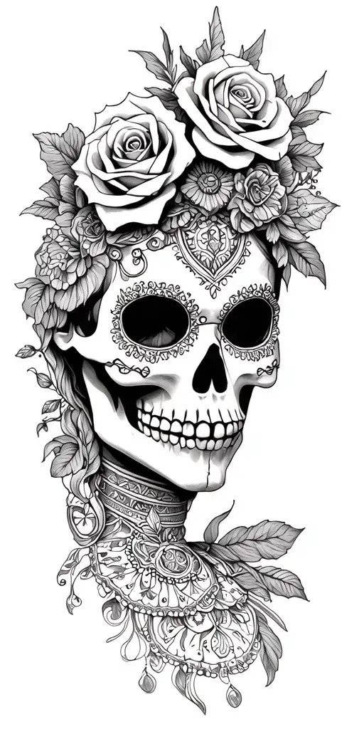 La Catrina Makeup Skull, Rose Crown, Ancient Sand Humbrest, Anonymous Mascara tattoo design idea