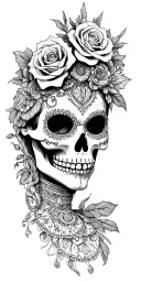 La Catrina Makeup Skull, Rose Crown, Ancient Sand Humbrest, Anonymous Mascara tattoo design idea